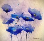 Tablou Albastrul florilor, acuarela cu flori albastre pe fundal crem si violet