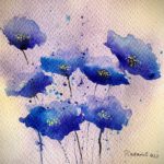 Tablou Albastrul florilor, acuarela cu flori albastre pe fundal crem si violet