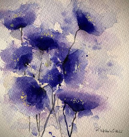 Tablou Camp albastru de flori, acuarela cu flori albastre-violet pe tulpini subtiri
