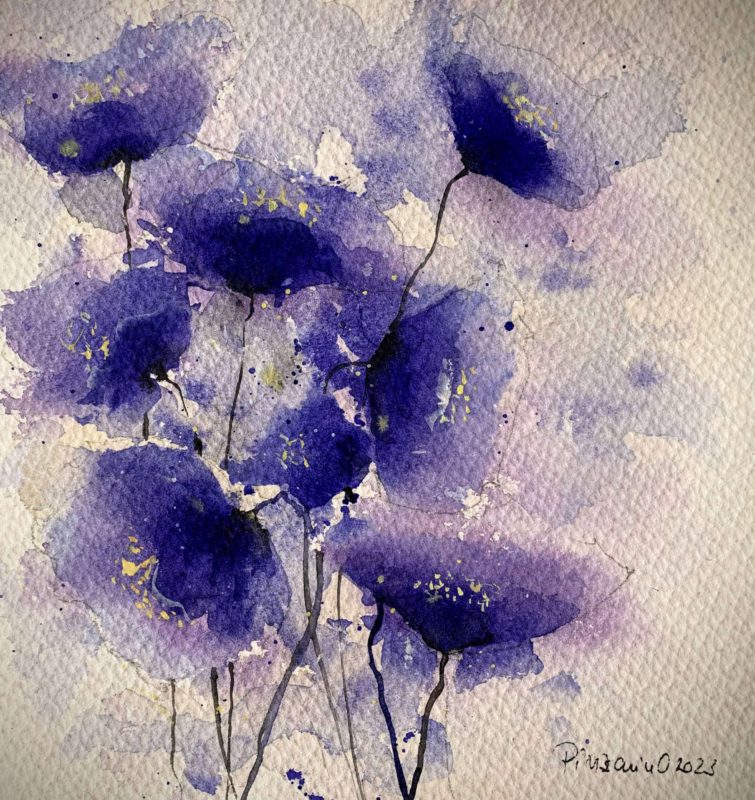 Tablou Camp albastru de flori, acuarela cu flori albastre-violet pe tulpini subtiri