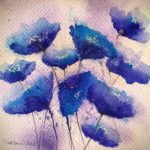 Tablou Inflorire albastra, acuarela cu flori albastre pe fundal roz-violet