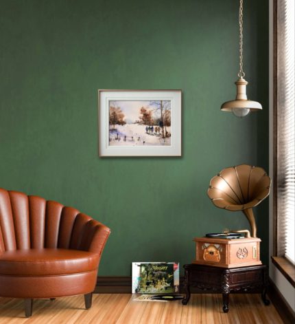 Tablou Peisajul Iernii pe un perete verde, langa un fotoliu din piele si un gramofon