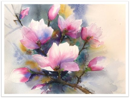 Tablou Magnolii in acuarela vazut integral, cu margine alba