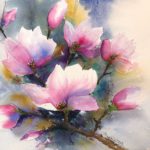 Tablou Magnolii, acuarela cu o ramura cu magnolii roz si albe