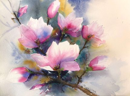 Tablou Magnolii, acuarela cu o ramura cu magnolii roz si albe
