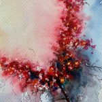 Tablou Red flowers, acuarela cu o ramura cu flori rosii pe fundal alb-albastrui