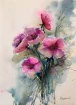 Tablou Pink, acuarela cu buchet de flori roz pe fundal gri-verzui