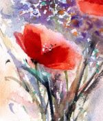 Detaliu din tabloul Poppies and violet wild flowers, un mac rosu intre flori violet