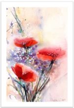 Tablou Poppies and violet wild flowers vazut integral, cu margine alba