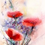 Tablou Poppies and violet wild flowers, maci rosii si flori de camp violet pe fundal deschis