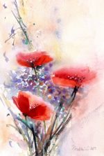 Tablou Poppies and violet wild flowers, maci rosii si flori de camp violet pe fundal deschis