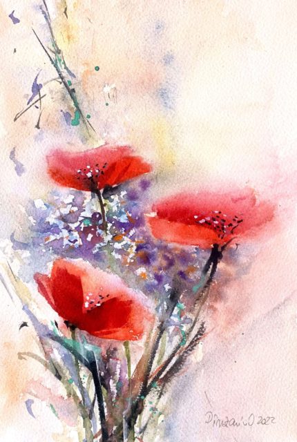Tablou Poppies and violet wild flowers, maci rosii si flori de camp violet pe fundal deschis