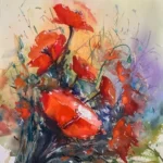 Tablou Flori Pure joy, acuarela cu buchet de flori rosii si accente albastre si mov