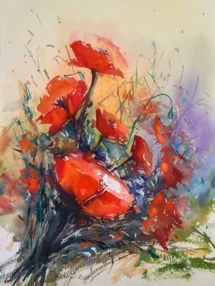 Tablou Flori Pure joy, acuarela cu buchet de flori rosii si accente albastre si mov