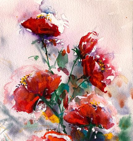 Detaliu din tabloul Red roses, trandafiri rosii cu frunze verzi