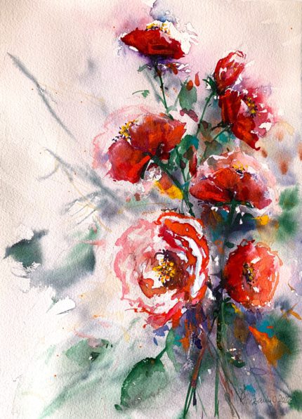 Tablou Red roses, acuarela cu buchet de trandafiri rosii pe fundal deschis
