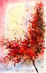 Tablou Red spark, copac cu frunze rosii aprinse pe fundal galben pal