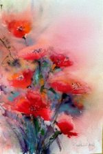 Tablou Reddish poppies, acuarela cu buchet de maci rosii pe fundal roz