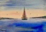 Tablou Barca Solitara in Amurg, acuarela cu un velier pe mare albastra, sub un cer cald de amurg