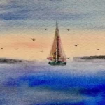Tablou Barca Solitara in Amurg, acuarela cu un velier pe mare albastra, sub un cer cald de amurg