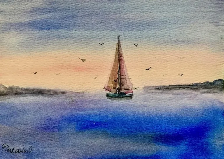 Tablou Barca Solitara in Amurg, acuarela cu un velier pe mare albastra, sub un cer cald de amurg