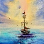 Tablou Barca singuratica pe mare, acuarela cu o barca cu catarg pe mare turcoaz si cer galben luminos