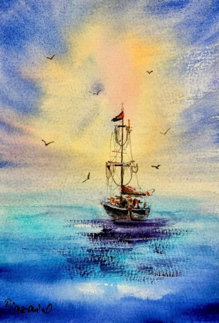 Tablou Barca singuratica pe mare, acuarela cu o barca cu catarg pe mare turcoaz si cer galben luminos