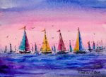 Tablou Barci colorate in amurg, acuarela cu veliere cu panze colorate pe mare mov si cer roz