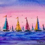 Tablou Barci colorate in amurg, acuarela cu veliere cu panze colorate pe mare mov si cer roz
