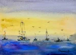 Tablou Barci la Orizont, acuarela cu barci pe mare albastra, sub un cer galben de apus