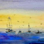 Tablou Barci la Orizont, acuarela cu barci pe mare albastra, sub un cer galben de apus