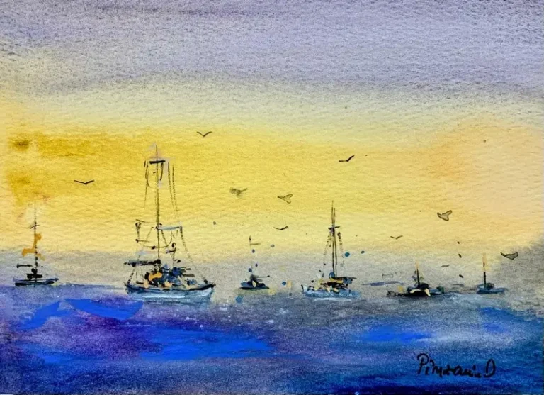 Tablou Barci la Orizont, acuarela cu barci pe mare albastra, sub un cer galben de apus