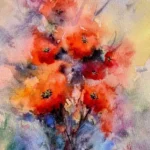 Tablou Buchet de Flori Rosii in Acuarela, flori rosii-portocalii pe fundal mov si galben