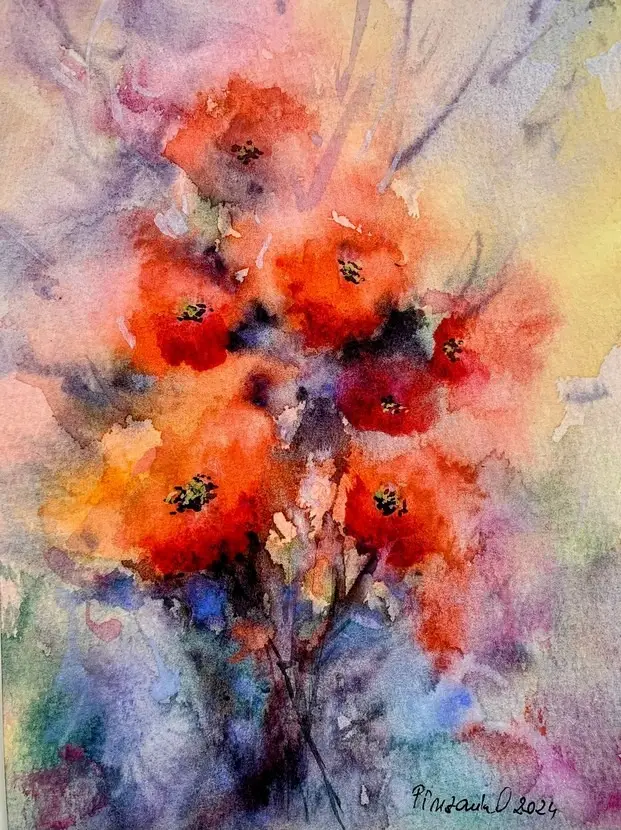 Tablou Buchet de Flori Rosii in Acuarela