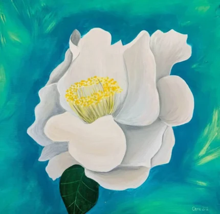 Tablou Canvas Eleganta Alba, pictura in acrilic cu o floare alba mare pe fundal turcoaz