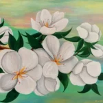 Tablou canvas Primavara Inflorita, pictura in acrilic cu flori albe pe fundal in culori pastel