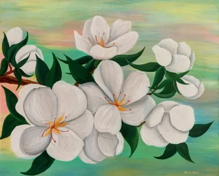Tablou canvas Primavara Inflorita, pictura in acrilic cu flori albe pe fundal in culori pastel