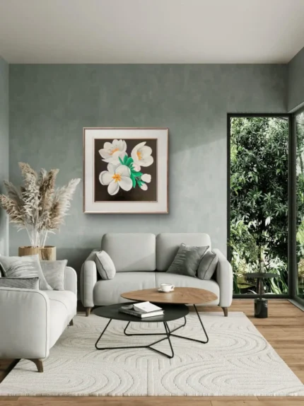 Tablou Canvas Simfonie de Primavara intr-un living cu canapea gri si perete verde-gri