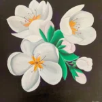 Tablou Canvas Simfonie de Primavara, pictura in acrilic cu flori albe si frunze verzi pe fundal inchis