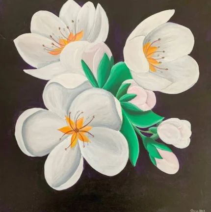 Tablou Canvas Simfonie de Primavara, pictura in acrilic cu flori albe si frunze verzi pe fundal inchis