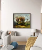 Tablou pictura in ulei Toamna Linistita pe peretele unui living luminos cu canapea alba