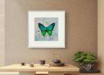 Acuarela Green butterfly pe un perete bej, deasupra unei mese cu bonsai