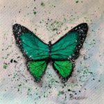 Tablou Green butterfly, acuarela cu fluture verde smarald si stropi de culoare pe fundal deschis