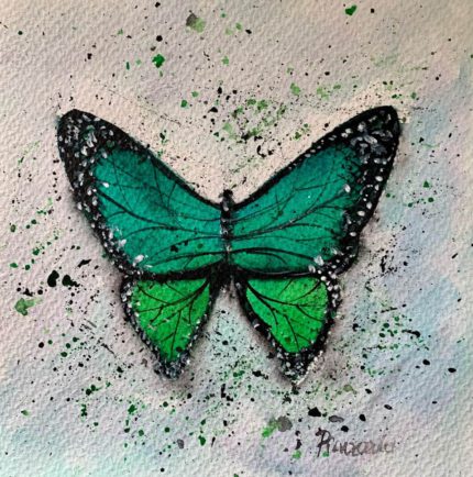 Tablou Green butterfly, acuarela cu fluture verde smarald si stropi de culoare pe fundal deschis