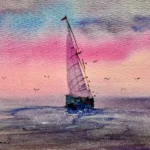 Tablou Linistea Marii la Apus, acuarela cu un velier pe mare, sub un cer roz de apus