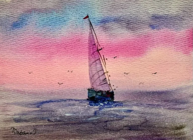 Tablou Linistea Marii la Apus, acuarela cu un velier pe mare, sub un cer roz de apus