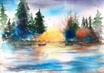 Tablou Luciul apei, brazi si copaci colorati reflectati in apa unui lac