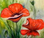 Detaliu din tabloul Maci Red poppies, doi maci rosii si un boboc