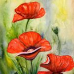 Tablou Maci Red poppies, trei maci rosii pictati manual pe fundal verde-galbui