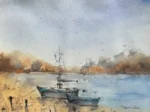 Tablou Tarm linistit cu barci de pescari, barci ancorate langa mal, in nuante de albastru si ocru